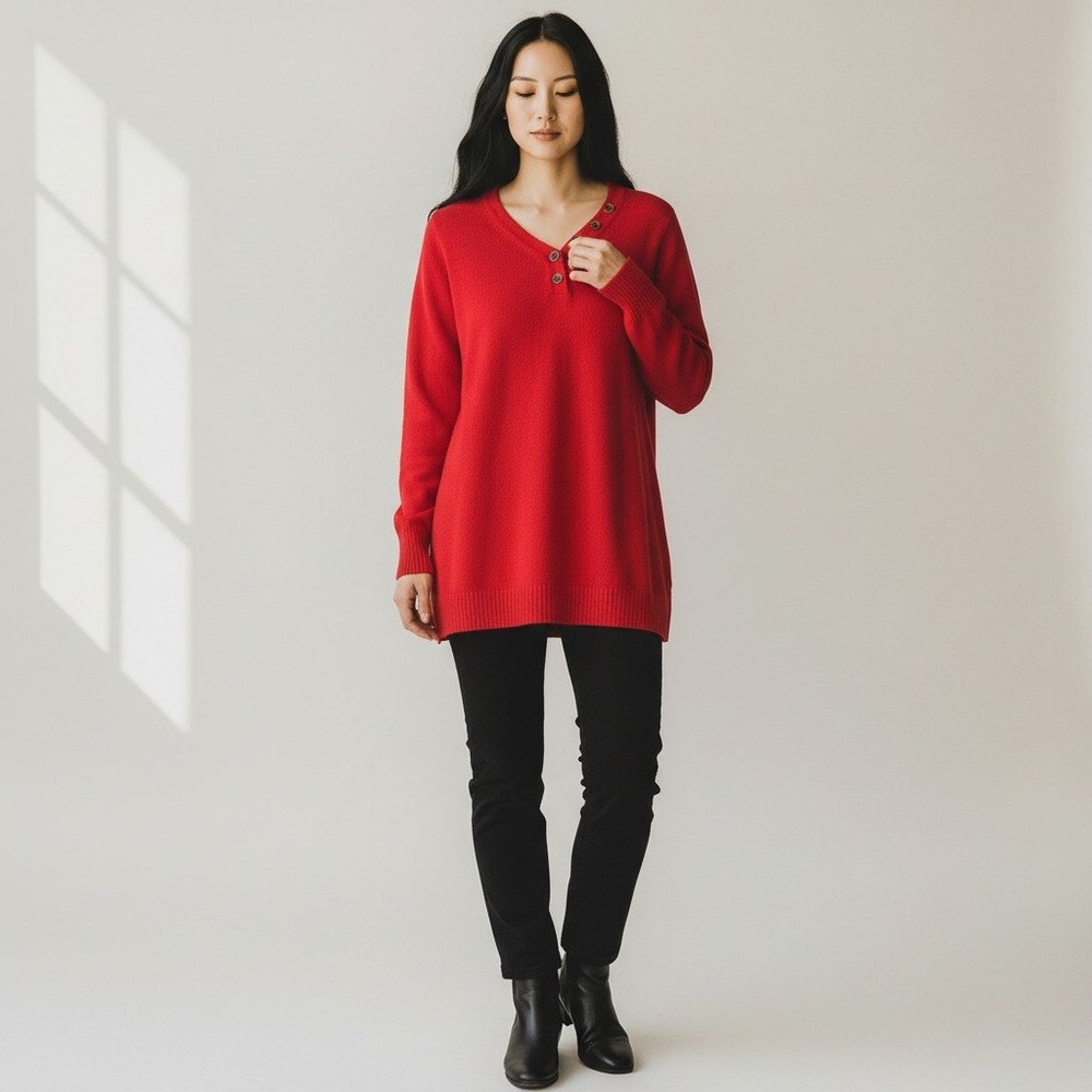 Anthropologie Henley Tunic Sweater Large Red V-Neck Button Side Slit Knit